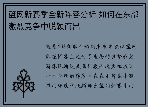 篮网新赛季全新阵容分析 如何在东部激烈竞争中脱颖而出